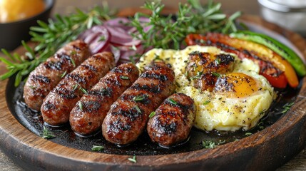 Grilled sausages, eggs, and vegetables on dark wooden plate