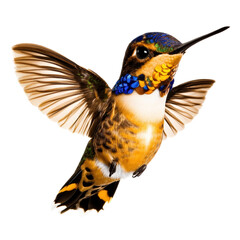 Naklejka premium Vibrant Hummingbird in Mid-Flight with Outstretched Wings and Colorful Plumage Isolated on White Background
