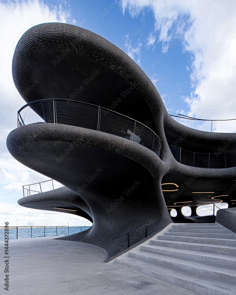 Poster impressive building featuring a large black structure creating a striking architectural design