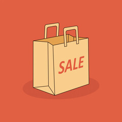 Paper bag on a red background. Color vector illustration. Sale advertisement in the store.