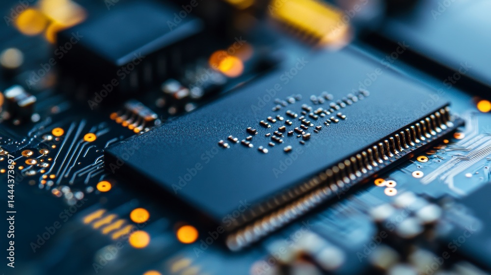Poster close-up of a microchip on a circuit board, showcasing intricate details and technological advanceme