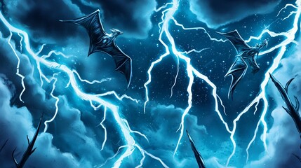 Dramatic scene of a bat flying through a stormy night sky with lightning and dark clouds creating a haunting atmosphere
