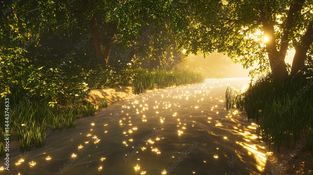 Poster enchanting pathway winding through dense forest with soft diffused light filtering through leaves cr