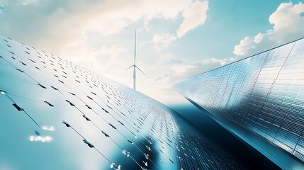Solar Panels & Wind Turbine on Horizon Under Sky, Clean Energy Concept, Modern Look