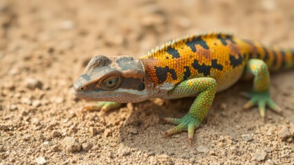 Naklejka premium A vibrant multicolored lizard basks in the warm sunlight on dry sandy ground exhibiting intricate scales and patterns.