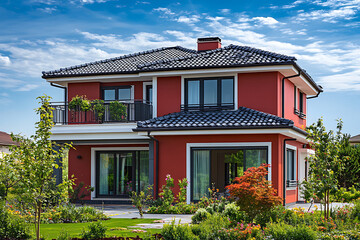 Modern Red House with Balcony, Black Tile Roof, Lush Green Garden, and Blue Cloudy Sky Exterior