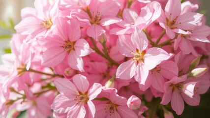Fototapeta premium A close-up shot reveals a delicate bouquet of light pink flowers bathed in soft sunlight showcasing intricate details and vibrant petals.