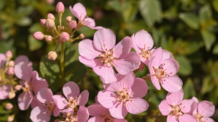 Delicate pink flowers bloom abundantly in a lush green garden showcasing their vibrant petals and gentle beauty in the warm sunlight.