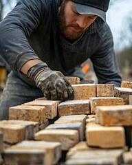 Man Working with Bricks in Construction Site