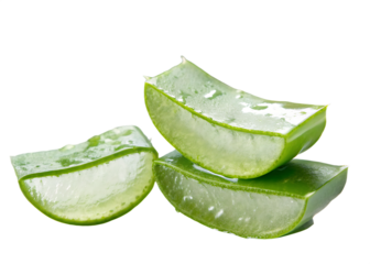 slides pieces of green fresh aloe vera on a White background, PING 
