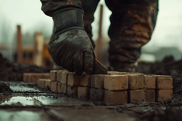 Construction Worker Laying Bricks in Mud