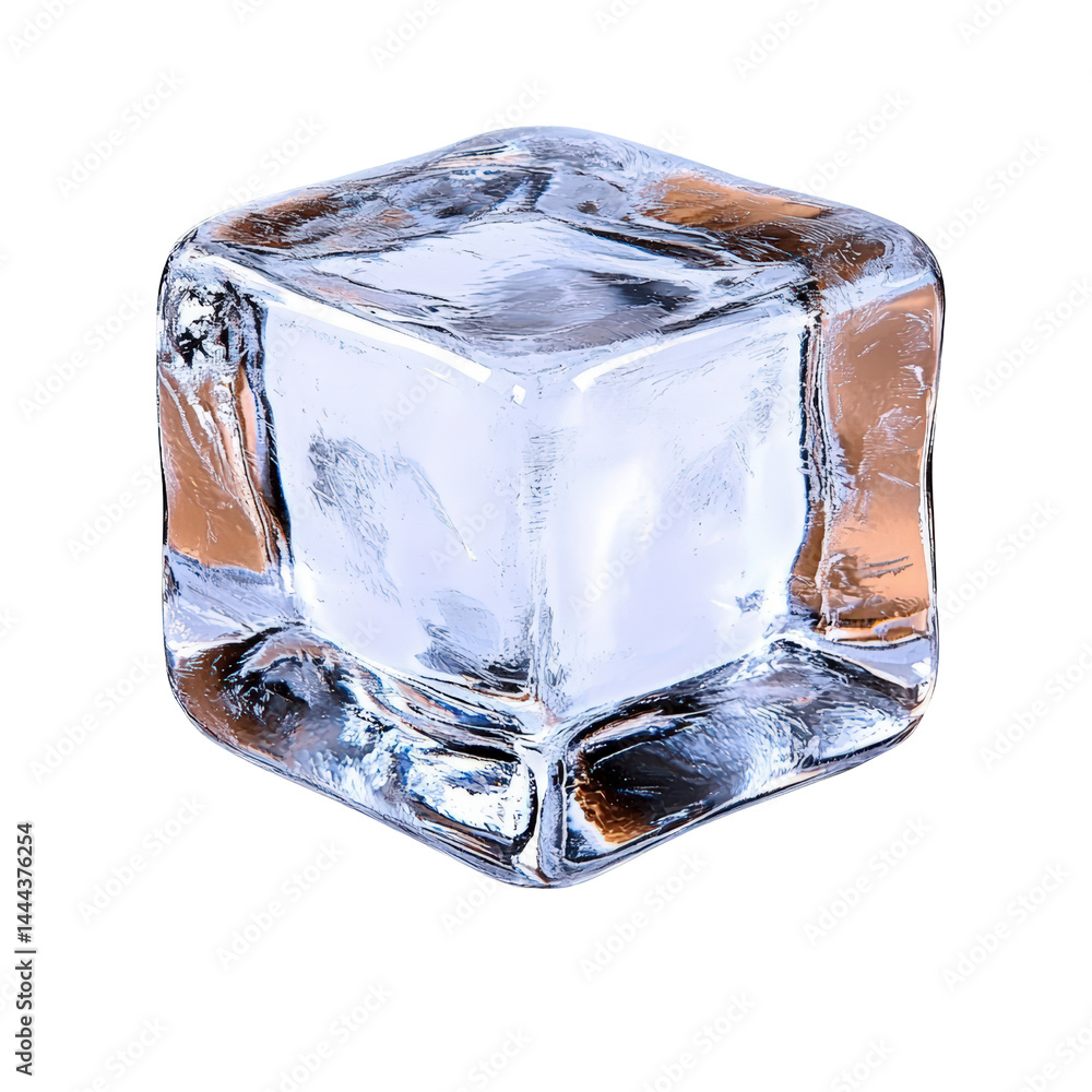 Poster close-up of a transparent ice cube with detailed texture and smooth edges isolated on white backgrou