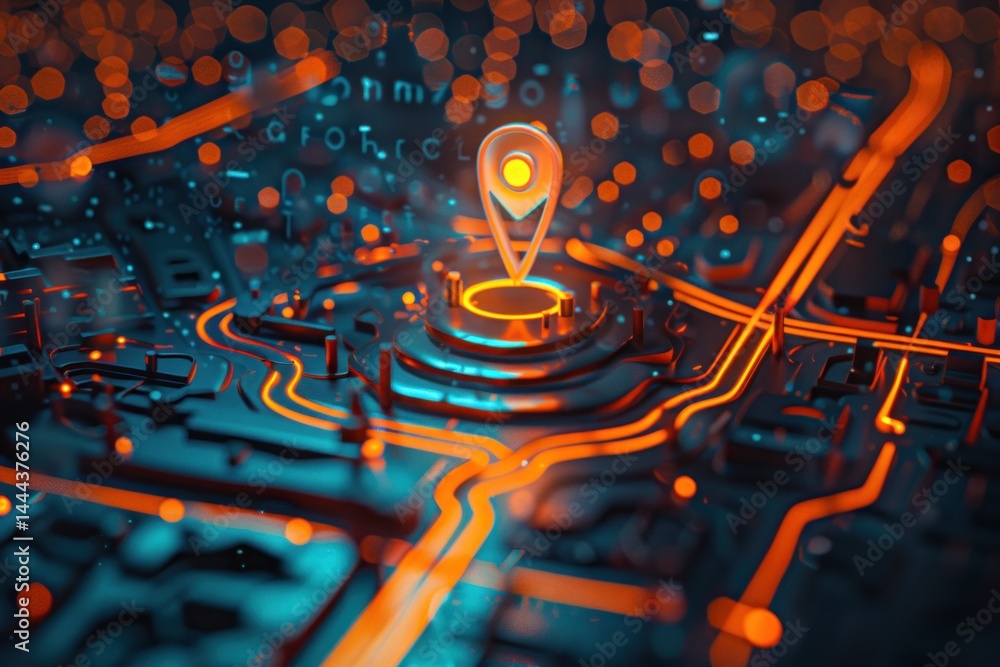 Poster 3d render of a location pin on a glowing circuit board representing modern gps technology and urban 