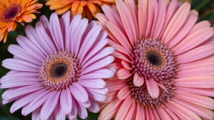 A close-up photograph showcases two vibrant gerbera daisies in soft pink and lilac hues, their petals elegantly arranged and detailed.