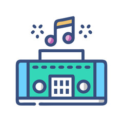 Retro boombox music player with colorful musical notes icon