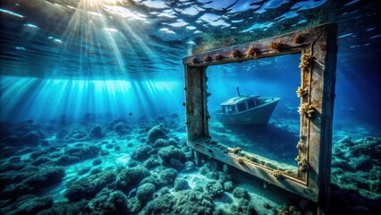 Deep blue ocean surface reflected in the underwater window of a submerged shipwreck