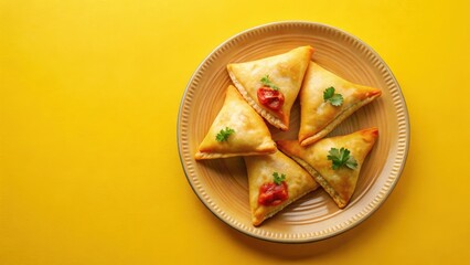 overhead shot of crispy cheese-filled pizza pocket snacks on yellow plate background, soft lighting, food photography, overhead shot