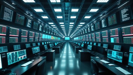 Futuristic Control Room with Data Streams and Display Screens Visualization