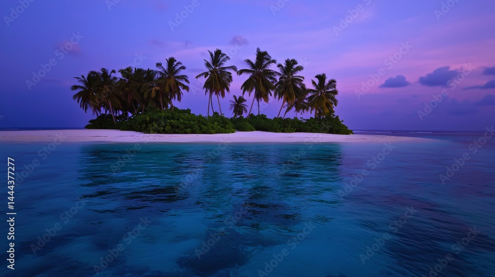 Poster serene remote island at twilight with lush palm trees under a colorful glow of dusk highlighting the