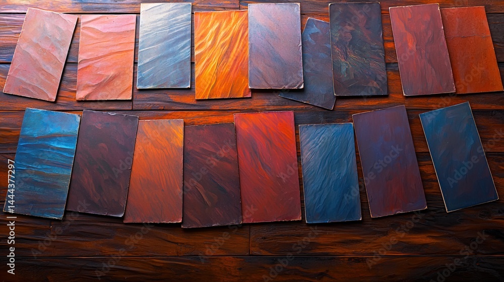 Poster a table covered with a vibrant array of colorful tiles displaying various patterns and textures