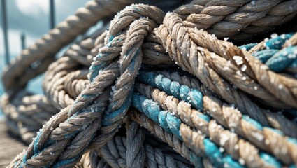 Fototapeta premium Close-up of weathered rope showing texture and detail with icy accents