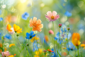 Vibrant summer meadow bursting with colorful blossoms and abundant life under the warm sun, creating a picturesque and lively scene of natural beauty  