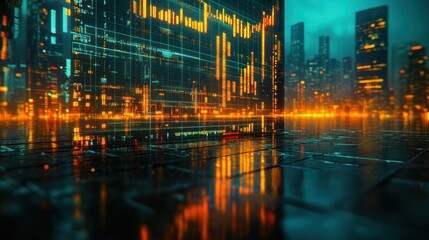 Futuristic cityscape with digital data overlay