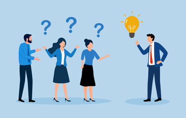 Question answer, advice or suggestion, solving problem with solution, q and a or faq, quiz or solution discovery, information guidance concept, businessman offer solution for people question marks.