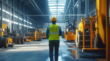 Engineer Walking Through a Large Industrial Warehouse Filled with Heavy Machinery