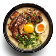High-definition photo of authentic Japanese tonkotsu ramen in a black bowl, chopsticks picking noodles, clean white background. Perfect for food blogs, ads, and menus.