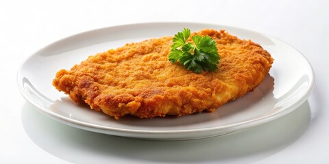Crispy golden-brown chicken schnitzel cutlet on a white plate , food, chicken,  food, chicken