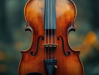 Close-up of a beautifully crafted violin against a blurred autumn background