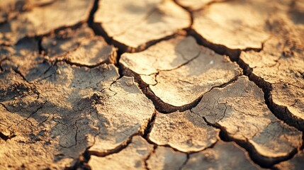 Fototapeta premium Close-up of cracked, dry earth texture under sunlight.