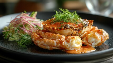 Cooked lobster with sauce and salad on a dark plate in a restaurant.