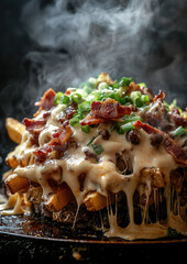 A macro shot of crispy loaded fries smothered in cheese, bacon, and sauce for the ultimate indulgence  