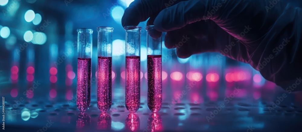 Poster scientist handling test tubes with colored liquid in a lab