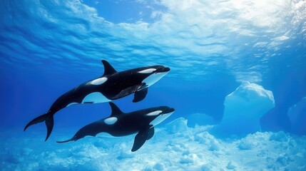 Fototapeta premium Two orcas swimming in icy water
