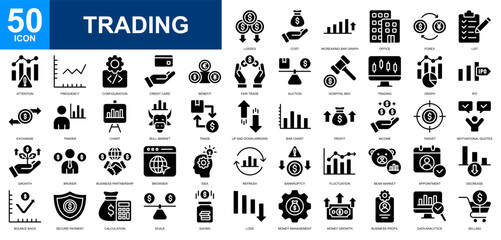 Trading icon set collection. Recycling, data analytics, stock market, money management, financial, data statistics icon. Simple glyph vector.