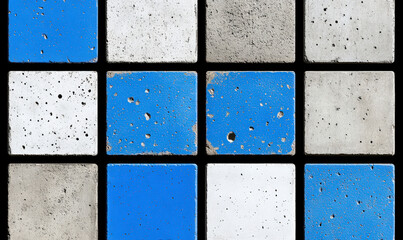 Colorful square tiles in blue and white with a worn concrete texture, showcasing a mix of modern design elements and urban decay aesthetics