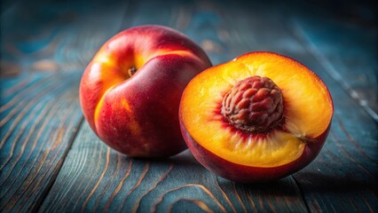 A ripe cut peach with a vibrant red center, exposed for a dramatic effect, showcasing the fruit's natural color and texture
