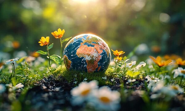 A vibrant globe surrounded by colorful flowers in a sunlit meadow, symbolizing nature's beauty