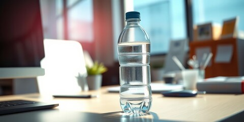 Close-up of an empty water bottle on a tidy office desk, sunlight illuminating it,  yellow, still life
