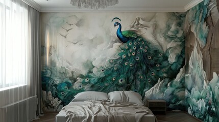 Elegant bedroom featuring a majestic peacock mural.