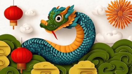 Colorful Dragon Illustration with Lanterns and Decorative Elements