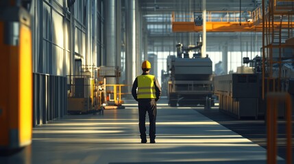 Industrial Worker Observing Factory Machinery: A Lone Figure in a Modern Manufacturing Facility