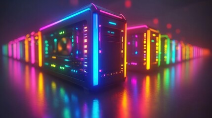 Futuristic glowing computer cases in vibrant neon colors
