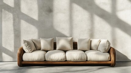 Concrete wall, cozy sofa, and modern living room furniture mockup