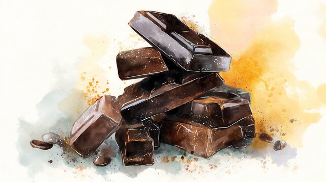 Watercolor depiction of organic chocolate bars with coffee beans on an abstract background
