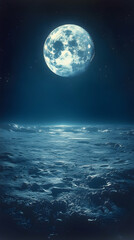 A full textured moon hangs over a blue cratered barren landscape under a dark star-filled sky