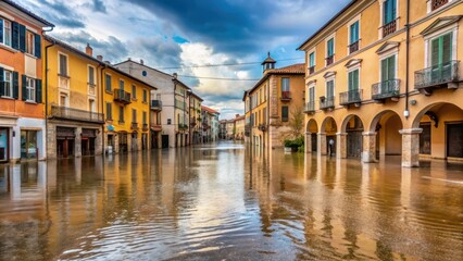 Naklejka premium Waterlogged roads with flooded buildings in a deserted town square in Emilia Romagna region of Italy, abandoned town, flooded streets emilia romagna